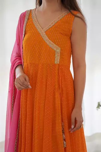 Yellow leheriya angrakha anarkali pant set with dupatta