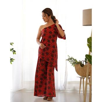 Red one shoulder kurta palazzo set 1