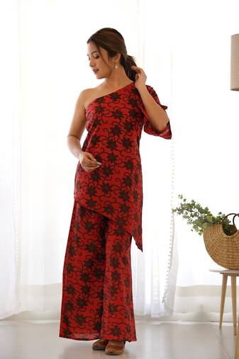 Red one shoulder kurta palazzo set
