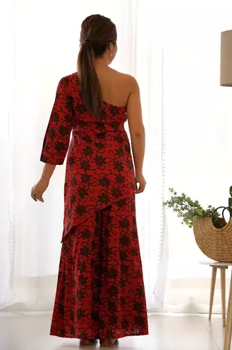 Red one shoulder kurta palazzo set