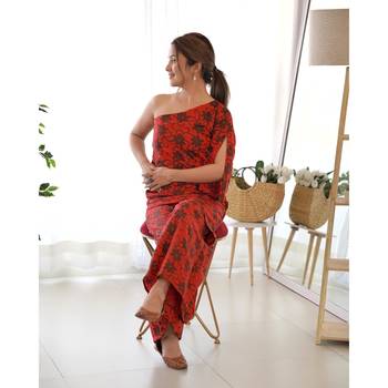 Red one shoulder kurta palazzo set 3