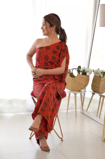 Red one shoulder kurta palazzo set