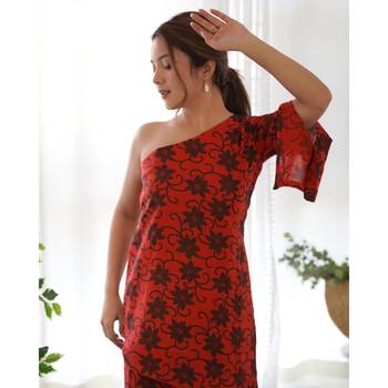 Red one shoulder kurta palazzo set 4
