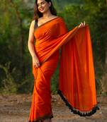 Handloom Orange Cotton Saree With Tassels Black Border Without Blouse