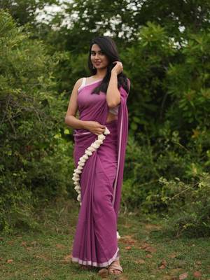 Handloom White Cotton Saree Without Blouse Purple Border With Tassels 1
