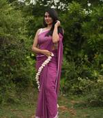 Handloom White Cotton Saree Without Blouse Purple Border With Tassels