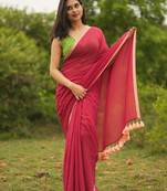 Handloom Maroon Cotton Saree With Tassels Sandal Border Without Blouse