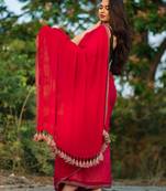 Handloom Red Cotton Saree Beige Border With Tassels Without Blouse