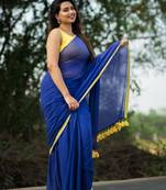 Handloom Navy Blue Cotton Saree Yellow Border With Tassels Without Blouse