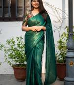 Bottle Green Glazy Organza Saree With Hand Embroidery Scallop Edge Design Without Blouse