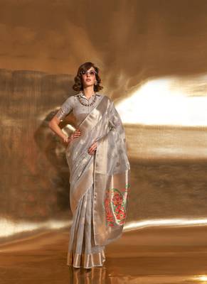 Rajtex Light Charcoal Woven Paithani-Saree With Blouse 1