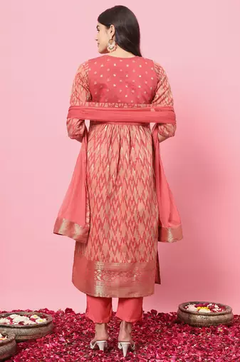  women flared kurta and trousers pant set cotton silk blend