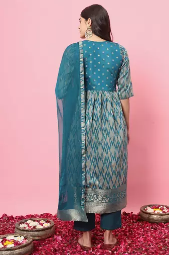  women flared kurta and trousers pant set cotton silk blend