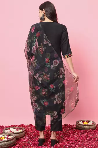  women embroidered viscose rayon a-line kurta with pant & dupatta set