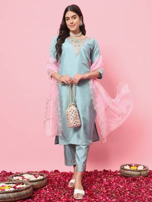   women kurta and trousers pant set silk blend 1