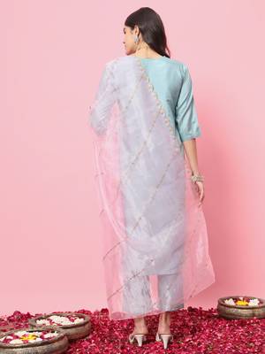   women kurta and trousers pant set silk blend 2