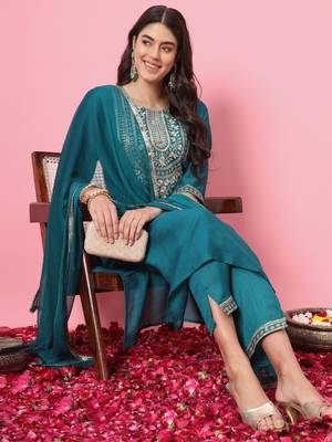   women kurta and trousers pant set silk blend 1