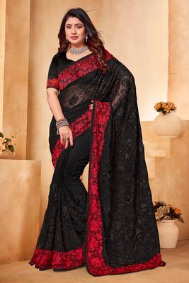 Black red heavy resham embroidery work georgette saree 1