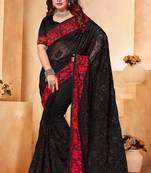 Black red heavy resham embroidery work georgette saree