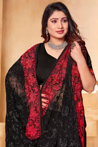 Black red heavy resham embroidery work georgette saree