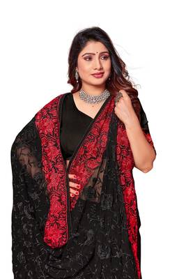 Black red heavy resham embroidery work georgette saree 4