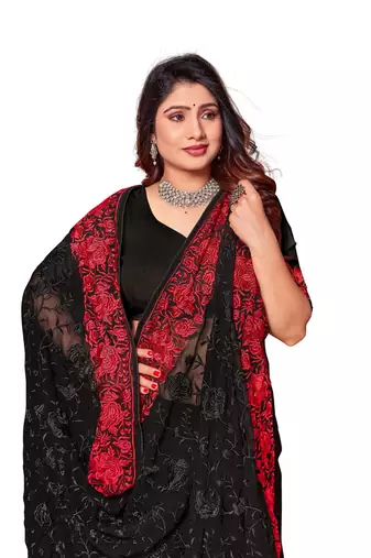 Black red heavy resham embroidery work georgette saree