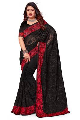 Black red heavy resham embroidery work georgette saree 5
