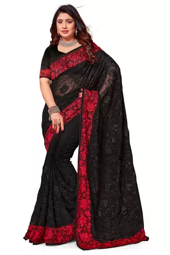 Black red heavy resham embroidery work georgette saree