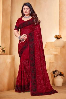 Maroon heavy resham embroidery work georgette saree 1