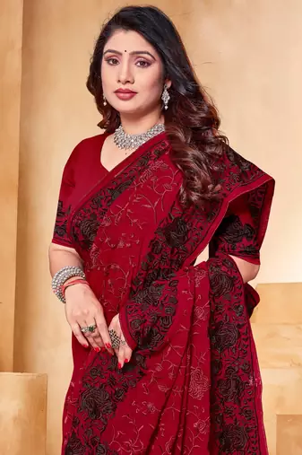 Maroon heavy resham embroidery work georgette saree