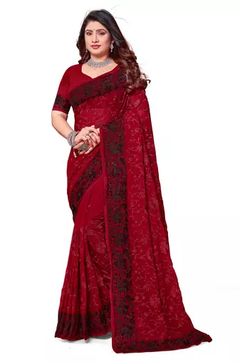 Maroon heavy resham embroidery work georgette saree