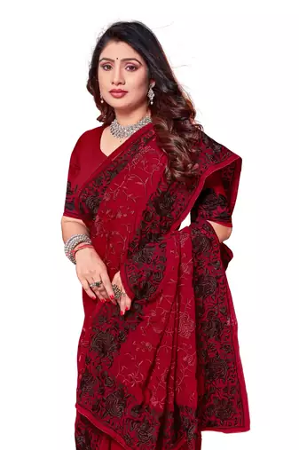 Maroon heavy resham embroidery work georgette saree