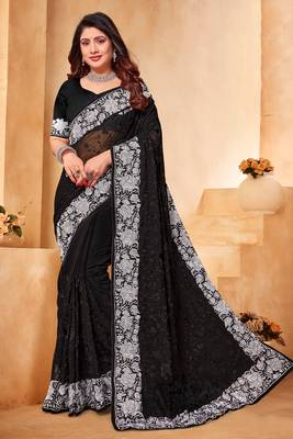 Black white heavy resham embroidery work georgette saree 1