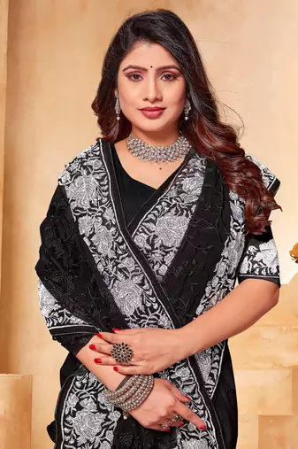 Black white heavy resham embroidery work georgette saree