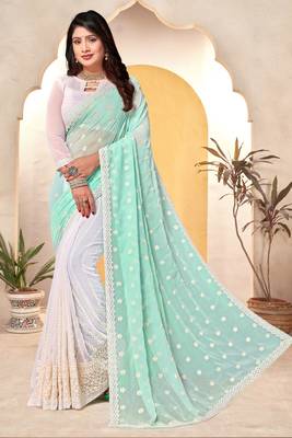 Sky blue white heavy resham embroidery work georgette saree 1