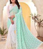 Sky blue white heavy resham embroidery work georgette saree