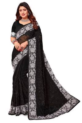 Black white heavy resham embroidery work georgette saree 4