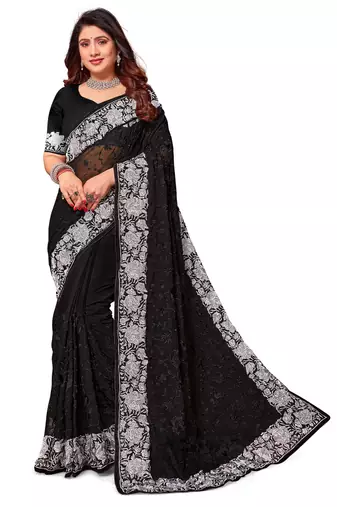 Black white heavy resham embroidery work georgette saree