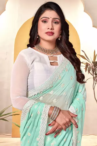 Sky blue white heavy resham embroidery work georgette saree