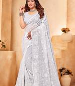 White heavy resham embroidery work georgette saree