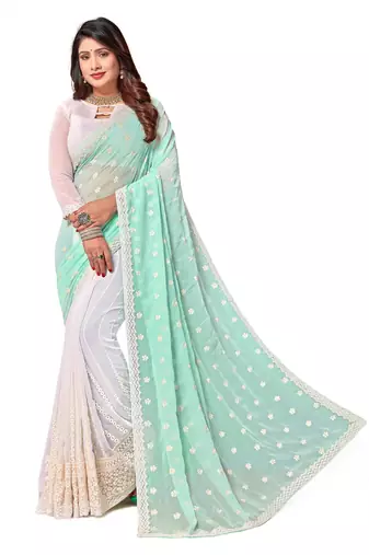 Sky blue white heavy resham embroidery work georgette saree