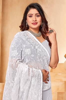 White heavy resham embroidery work georgette saree 3