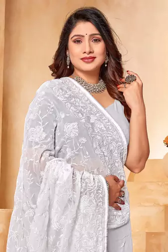 White heavy resham embroidery work georgette saree