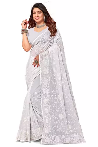 White heavy resham embroidery work georgette saree
