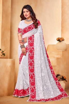 White red heavy resham embroidery work georgette saree 1