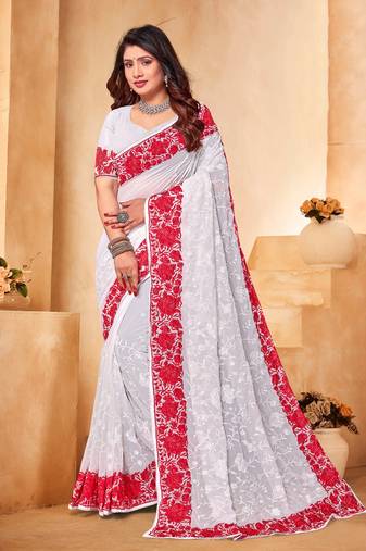 White red heavy resham embroidery work georgette saree
