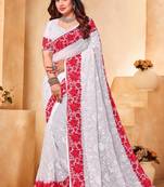 White red heavy resham embroidery work georgette saree
