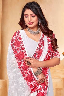 White red heavy resham embroidery work georgette saree 3