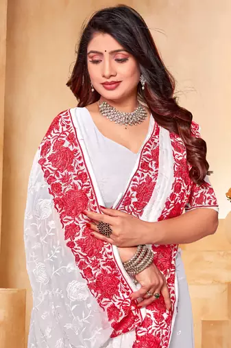 White red heavy resham embroidery work georgette saree