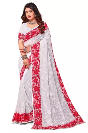 White red heavy resham embroidery work georgette saree